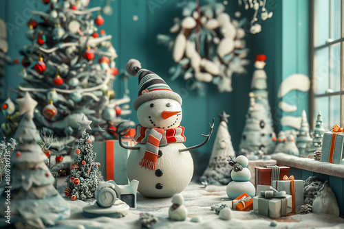 3D rendered scene with snowman and christmas tree