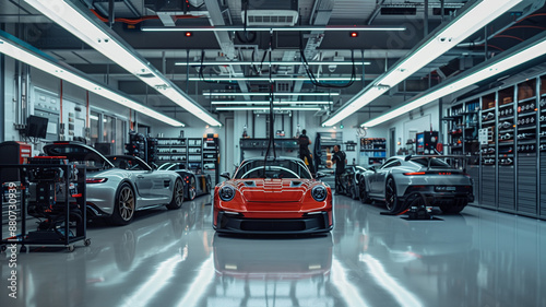 A modern workshop with technicians customizing and upgrading sports car engines and components