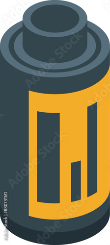 Photo film roll standing up with yellow label isometric icon