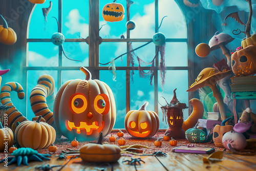 3D rendered halloween background with pumpkins