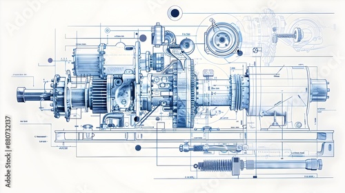 Detailed Technical Blueprint Diagram of Mechanical Gears and Industrial Equipment photo