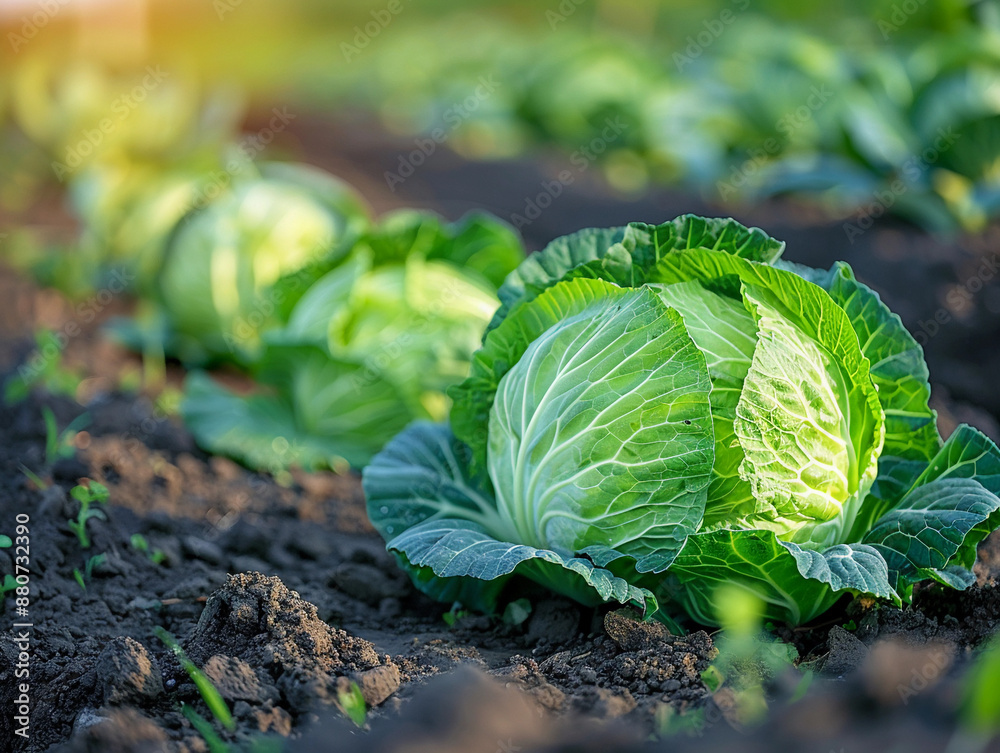 Closeup of a Green Cabbage Growing in a Vegetable Garden Closeup of a Green Cabbage Growing in a Vegetable Garden