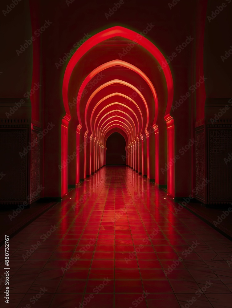 Fototapeta premium Mosque illuminated by red lighting, creating a dramatic and ethereal ambiance during evening prayers and special events.