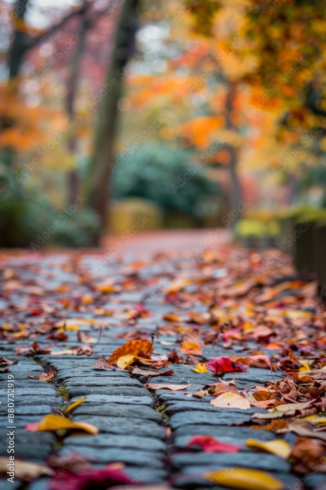 Fototapeta premium Autumn leaves drifting down onto a stone path, with a softly blurred background of a park 