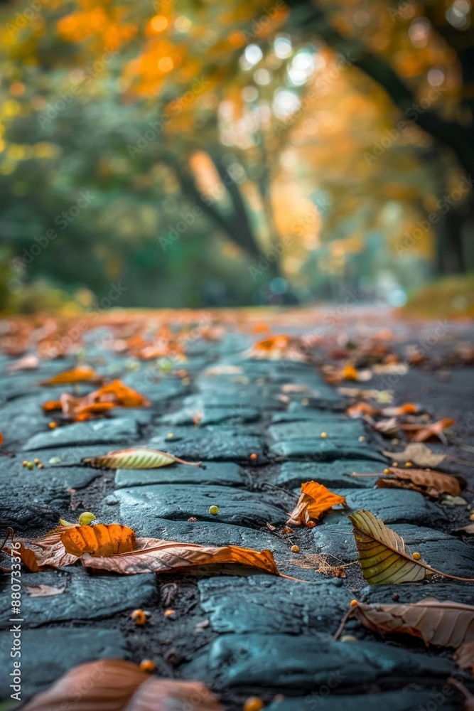 Autumn leaves drifting down onto a stone path, with a softly blurred background of a park Autumn leaves drifting down onto a stone path, with a softly blurred background of a park
