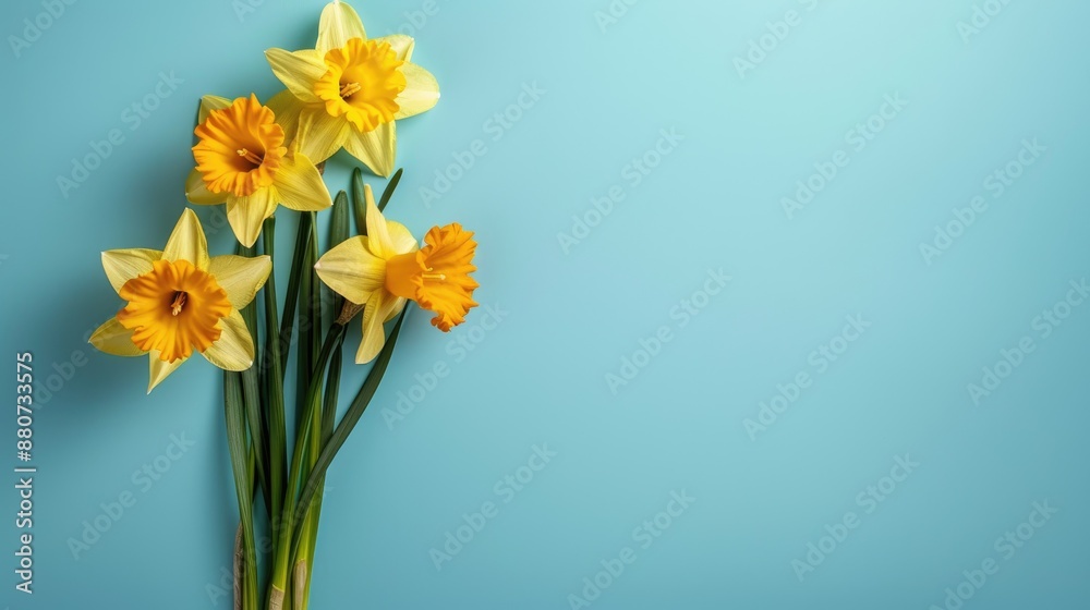 Yellow daffodils bouquet on blue background with text space