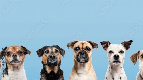Several dogs gazing in various directions against a blue backdrop