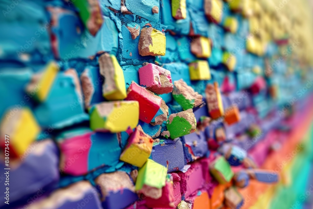 Fototapeta premium Breaking Boundaries. A wall of small colorful bricks being broken or dismantled, symbolizing breaking through barriers or overcoming obstacles. 