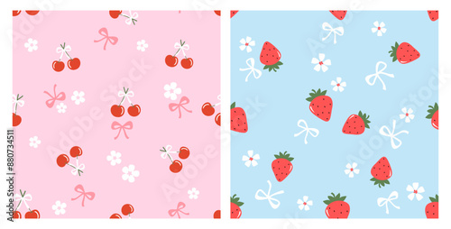 Seamless pattern with red cherry fruit, strawberry, ribbon bow and cute flower on pink and blue backgrounds vector. Cute fruit print.