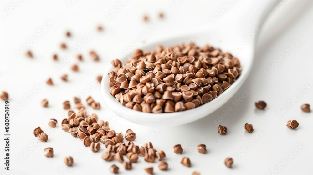 High quality image of buckwheat groats in a white spoon on white background High quality image of buckwheat groats in a white spoon on white background