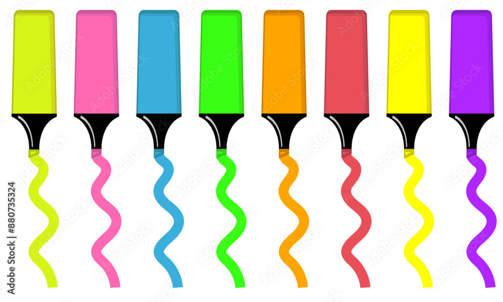 Assortment of bright neon colourful highlighter marker pens isolated on white or a transparent background