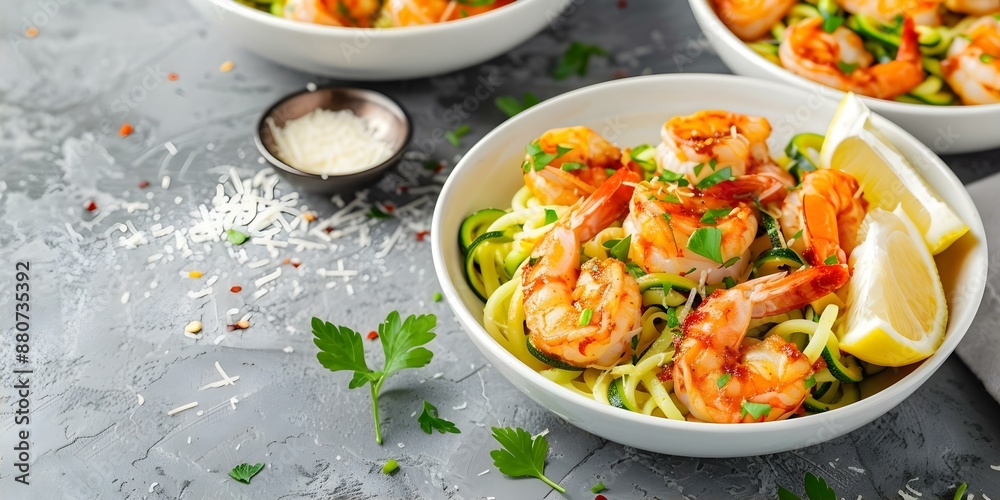 Shrimp zucchini noodle pasta with parmesan chili flakes and lemon in bowls. Concept Food Photography, Pasta Dishes, Healthy Eating, Gourmet Meals, Culinary Arts Shrimp zucchini noodle pasta with parmesan chili flakes and lemon in bowls. Concept Food Photography, Pasta Dishes, Healthy Eating, Gourmet Meals, Culinary Arts