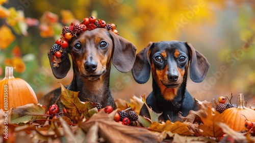 Pet dachshunds with fall themed decorations made from pumpkins berries and leaves