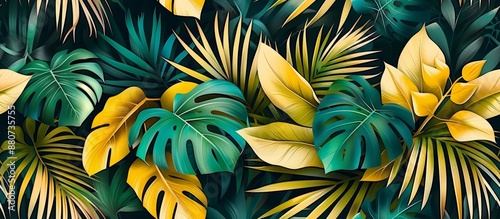 Seamless Leaves Pattern in Green and Gold Palette on White Background