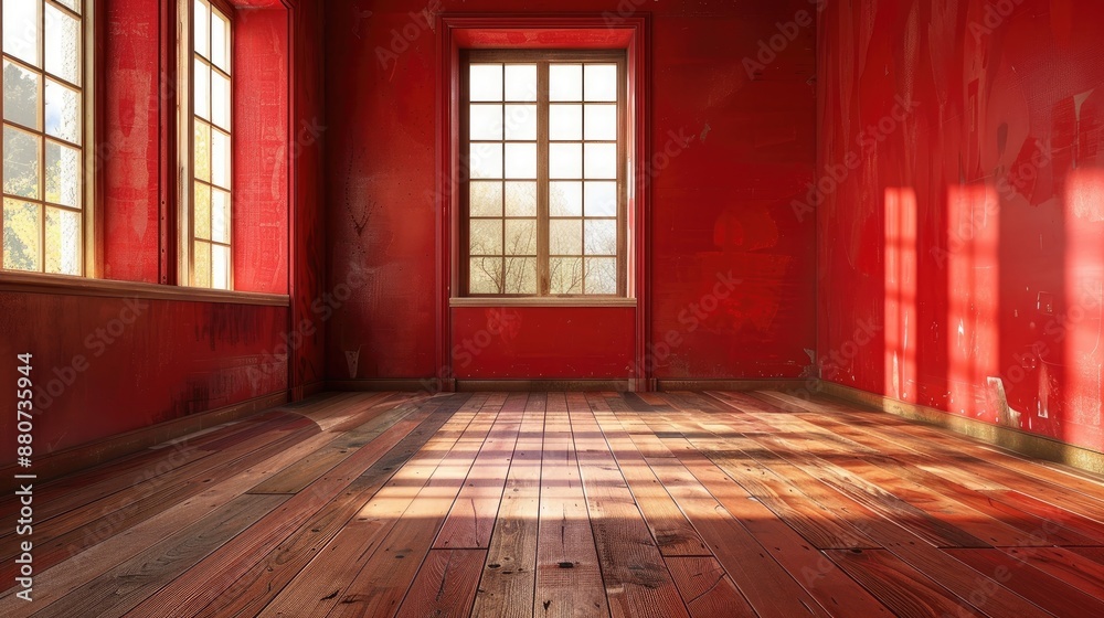 Room with wooden floor and red interior