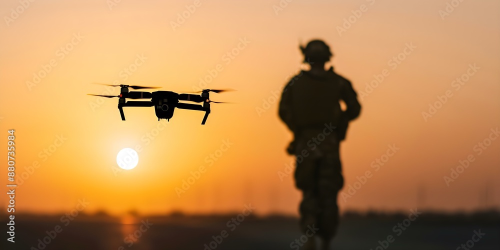 Silhouette of a Soldier Utilizing a Drone for Military Operations Combat and Scouting. Concept Military Drones, Combat Operations, Soldier Silhouette, Military Scouting, Tactical Technology Silhouette of a Soldier Utilizing a Drone for Military Operations Combat and Scouting. Concept Military Drones, Combat Operations, Soldier Silhouette, Military Scouting, Tactical Technology