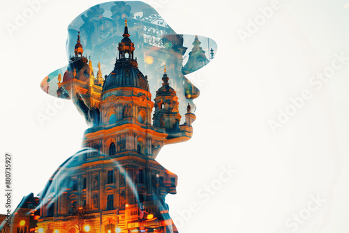 Double Exposure Photography of a Tour Guide with Mesmerizing Various Tourist Sites Perspective and Impeccable Clarity and Vibrant Hues Against a White Backdrop photo