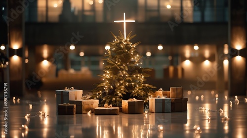 Beautifully decorated Christmas tree with a glowing cross on top, surrounded by gifts, set in a warmly lit modern church interior.