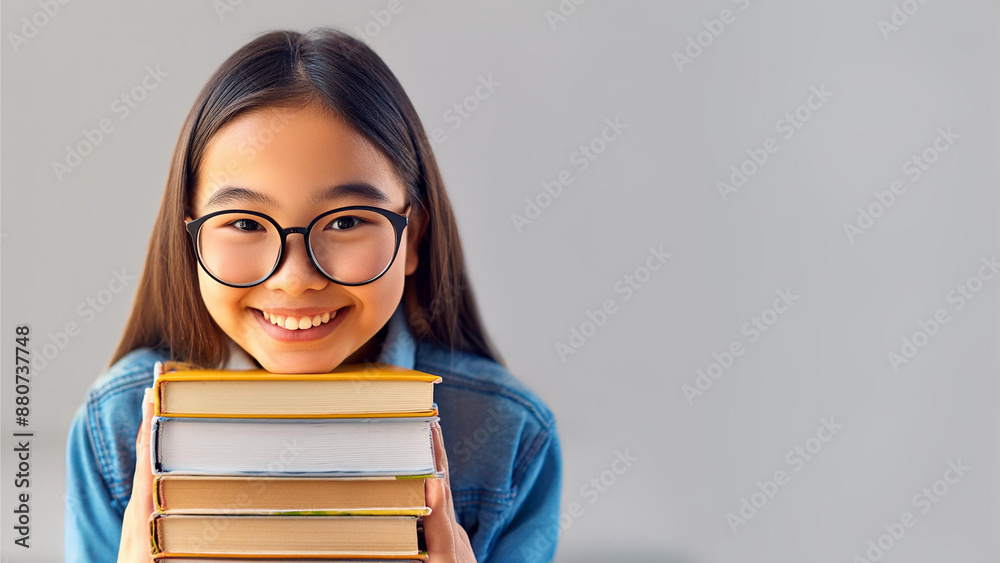 Portrait of happy nerd young girl holding books over grey background. Back to school Portrait of happy nerd young girl holding books over grey background. Back to school