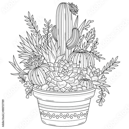 Succulents in a pot.Coloring book antistress for children and adults.