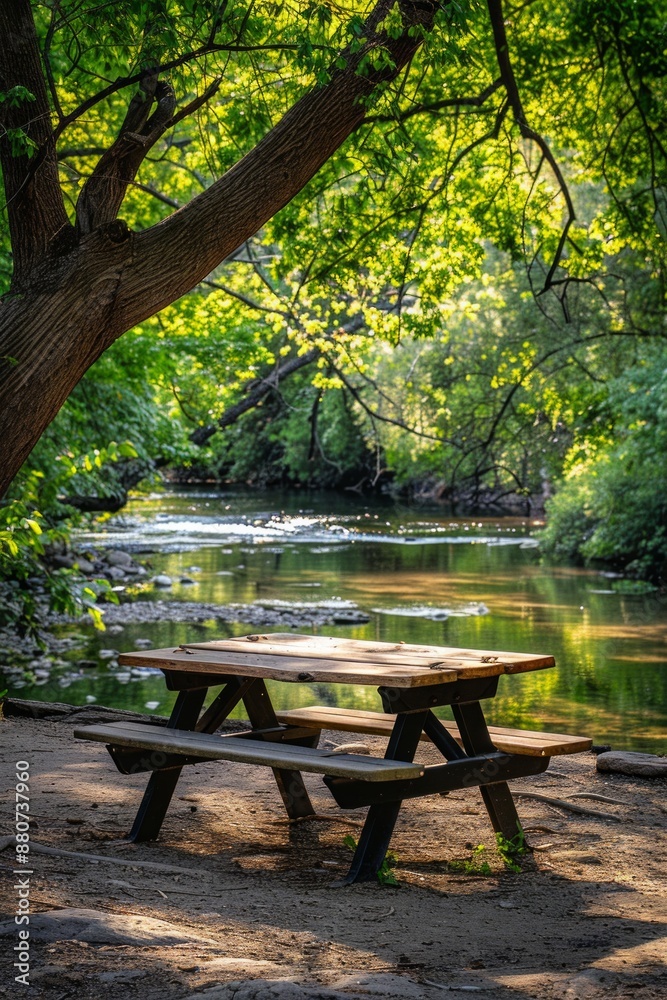 Picnic Table by a Shaded Stream. A picnic table situated by a shaded stream, with a softly blurred background of trees and water. Picnic Table by a Shaded Stream. A picnic table situated by a shaded stream, with a softly blurred background of trees and water.