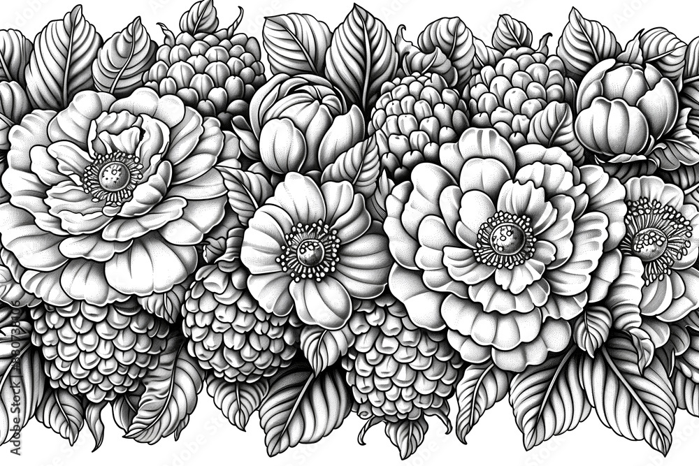 A black and white drawing of flowers and berries. The flowers are arranged in a line, with some of them being larger than others. The berries are scattered throughout the drawing