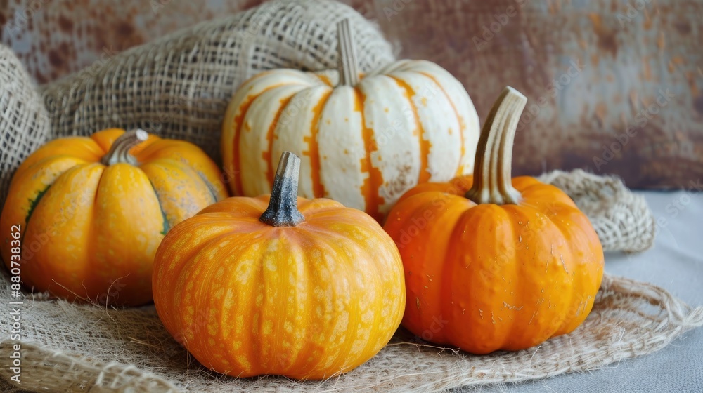 Pumpkins as decorations on rustic and white canvas Pumpkins as decorations on rustic and white canvas