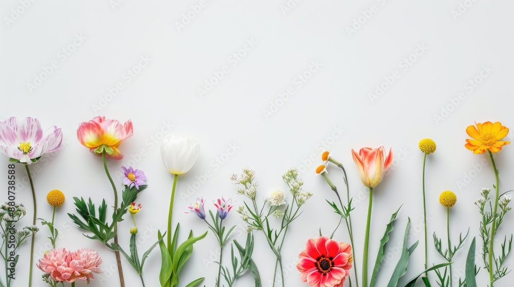 Fototapeta premium Spring flowers in full bloom on white background with space for text