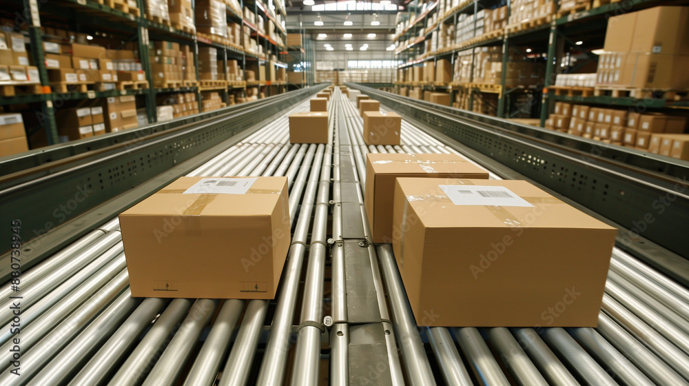 Conveyor Belt with Packages at Distribution Center Conveyor Belt with Packages at Distribution Center