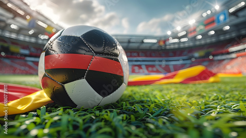 EM Europameisterschaft 2024 Sport Konzept Hintergrund - Fußball Fussbal mit Gesicht, Zylinder mit deutscher Flagge Fahne, Deutschlandflagge und Daumen nach oben, auf Spielfeld, Wiese, Rasen Stadion