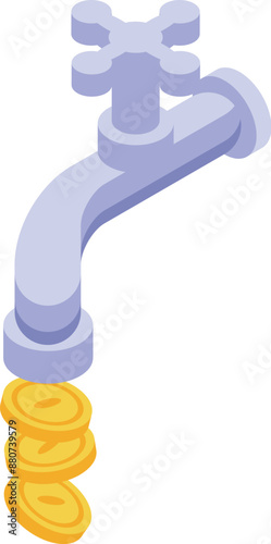 Water tap is pouring golden coins, depicting the concept of money laundering in an isometric style