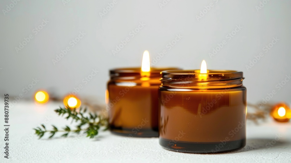 Soy candles in amber jars Calming scented natural essential vegan product Trendy DIY on white background Soy candles in amber jars Calming scented natural essential vegan product Trendy DIY on white background