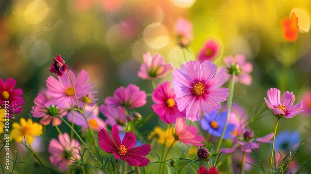 Colorful cosmos flowers in full bloom during a vibrant summer sunset Colorful cosmos flowers in full bloom during a vibrant summer sunset