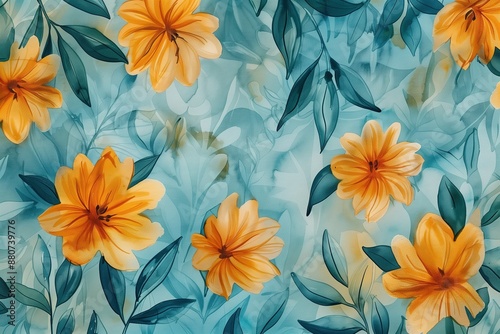 Wallpaper Mural Vibrant Marigold Garden, Turquoise and Marigold, Seamless Pattern with Flowers and Leaves. Hand Drawn Background. Floral Pattern for Wallpaper, Fabric, Textile, Fashion, Print Torontodigital.ca