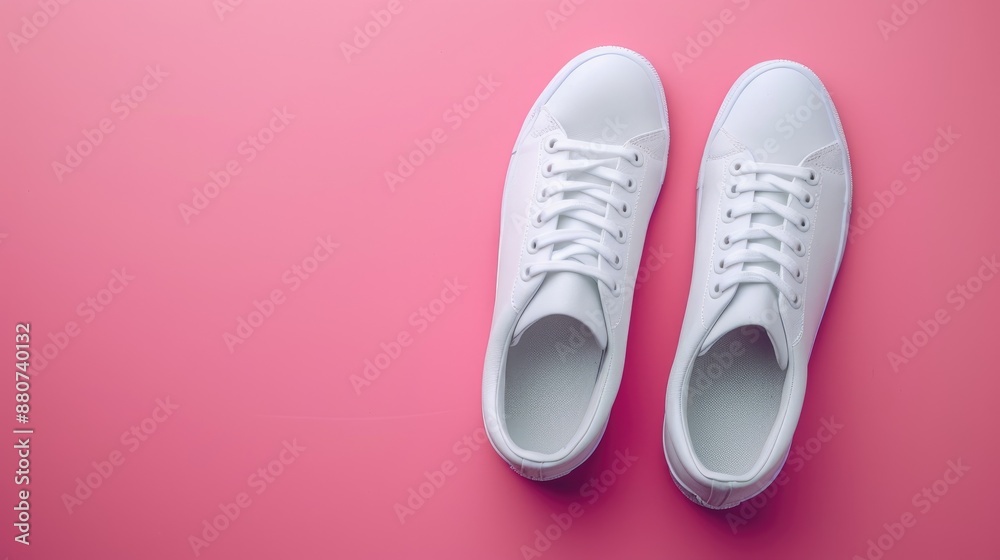 Stylish white sneakers on pink background for fashion publication Stylish white sneakers on pink background for fashion publication
