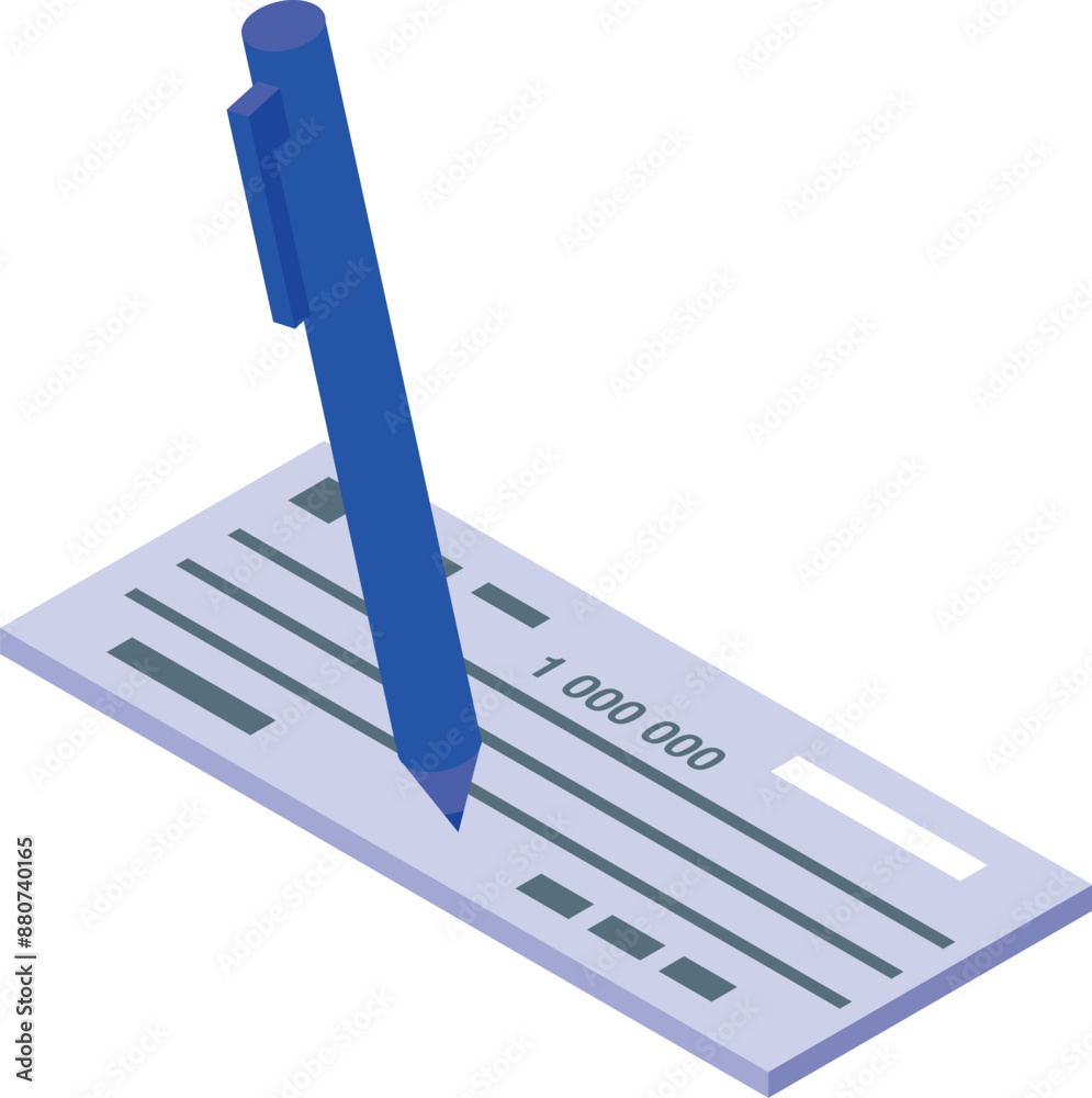 Blue pen is signing a one million dollar check in this isometric illustration Blue pen is signing a one million dollar check in this isometric illustration