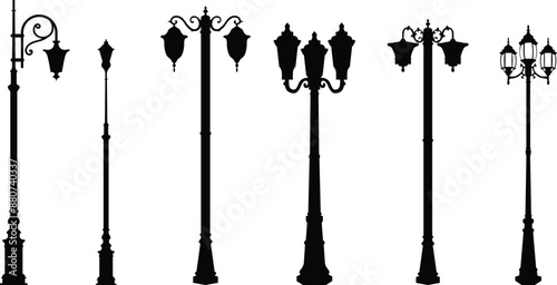 Victorian street lamp silhouette illustration. Vintage lamp, european style, arabian lantern.