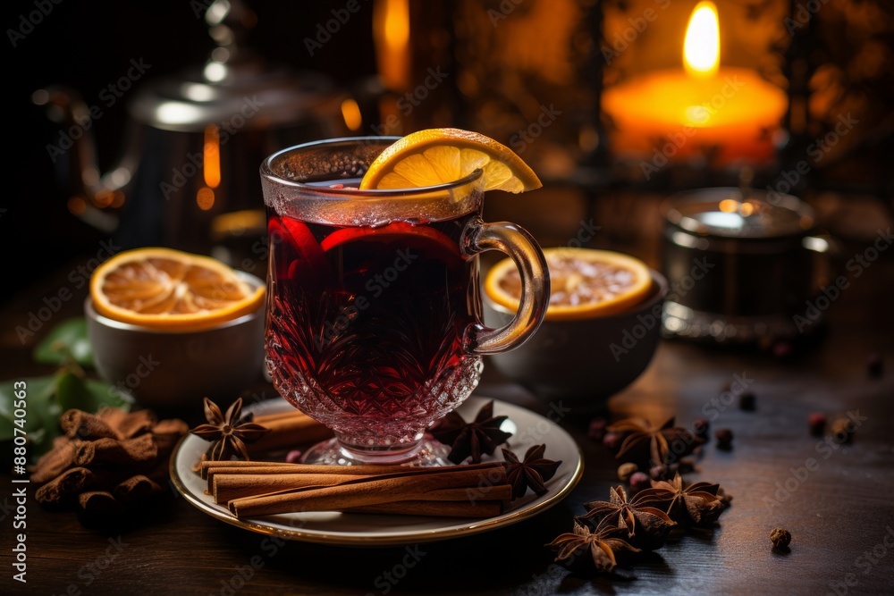 mulled wine in a glass on the table in the cafe. a festive atmosphere. dark background. mulled wine in a glass on the table in the cafe. a festive atmosphere. dark background.