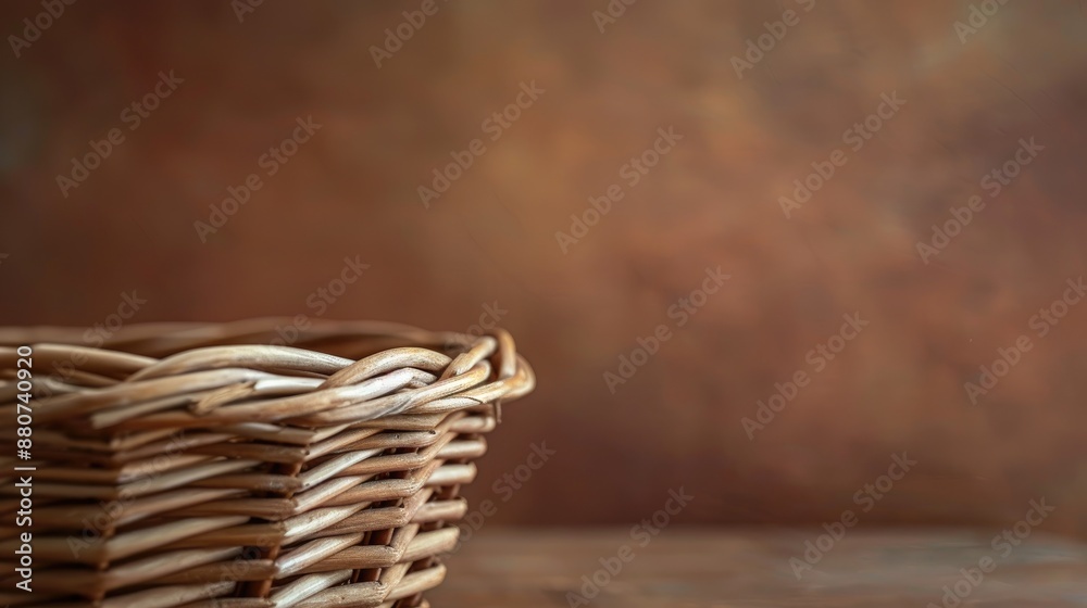 Obraz premium Woven basket on brown backdrop with blurred background and space for text
