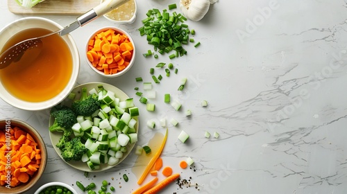 A flat lay of chopped vegetables, broth, and a ladle on a clean kitchen counter