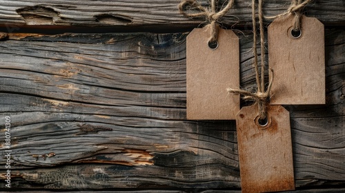 Wooden background with paper tag labels