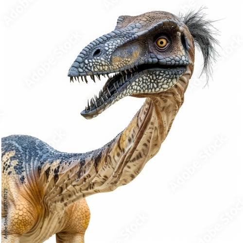 A detailed Therizinosaurus with its long claws and unique build, looking curious, isolated on white background. photo