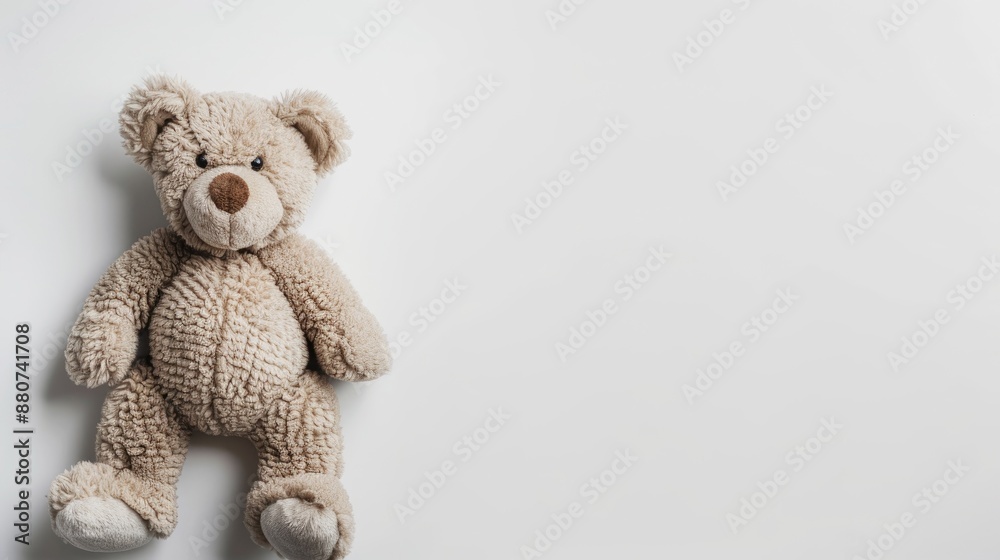Obraz premium Simplified design featuring toy bear on white background Concept of caring for children and family Top view with copy space