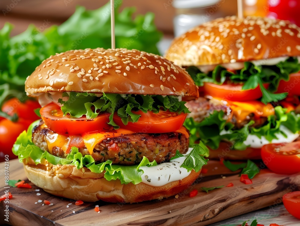 Tempting Protein Rich Plant Based Gourmet Burger Featuring Fresh Produce on Minimalist Kitchen Setting Tempting Protein Rich Plant Based Gourmet Burger Featuring Fresh Produce on Minimalist Kitchen Setting
