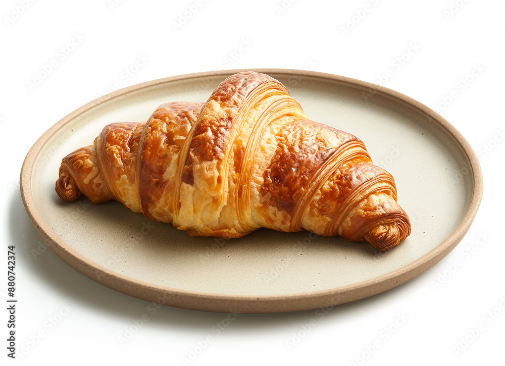A croissant on a plate on a white table with a white background isolated A croissant on a plate on a white table with a white background isolated