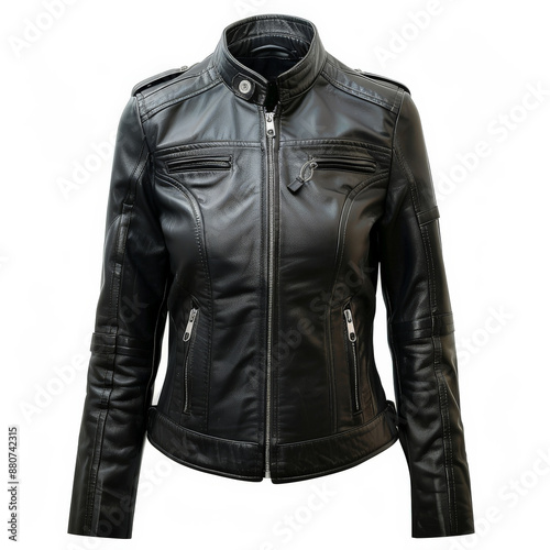 A stylish black women's leather jacket with a zippered front and side pockets, isolated on white background.