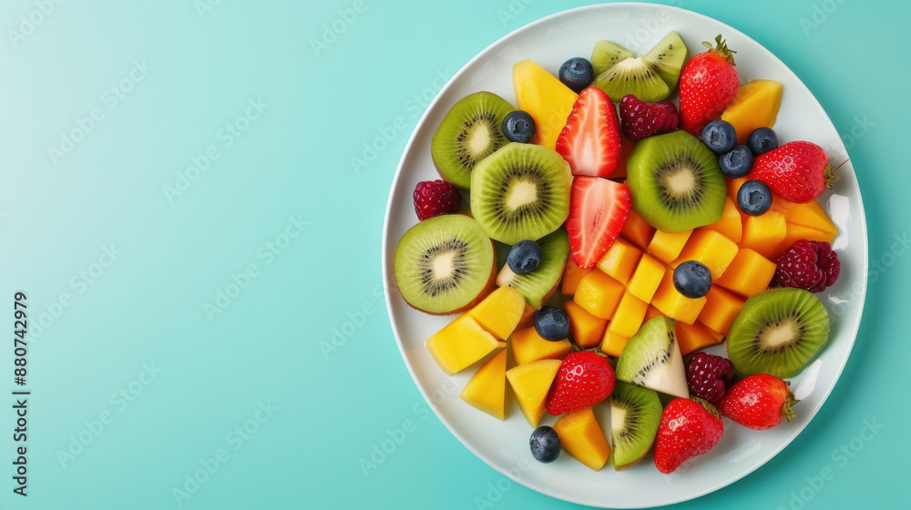 Fresh Fruit Salad with Kiwi, Strawberries, Blueberries, Raspberries, and Mango on Turquoise Background Fresh Fruit Salad with Kiwi, Strawberries, Blueberries, Raspberries, and Mango on Turquoise Background
