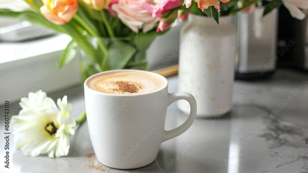 Warm latte in white mug with flower decoration and bouquet on marble counter Warm latte in white mug with flower decoration and bouquet on marble counter