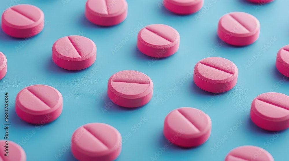 Pink circular pills placed on a blue surface