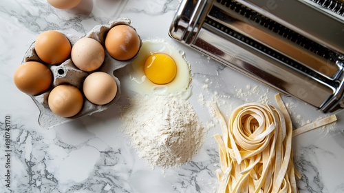 A flat lay of eggs, flour, and a pasta machine on a marble countertop